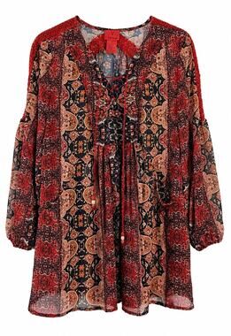 V Cristina M Boho Paisley Tunic Blouse Lace Crochet Lace Up Sheer